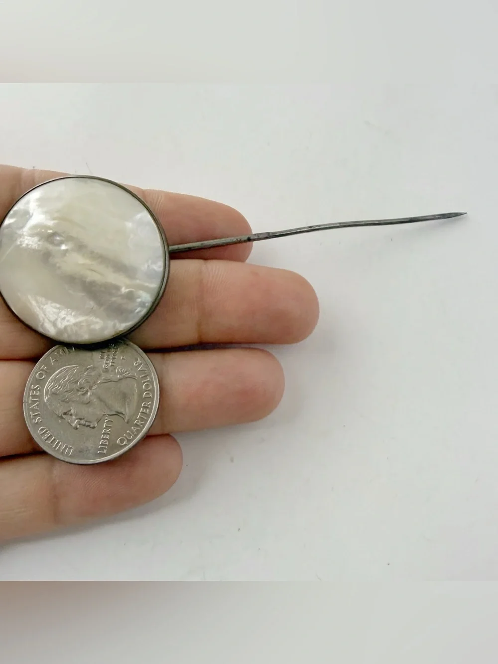 Antique Vintage Large Round Mother of Pearl Stick Pin Hat Lapel Pin